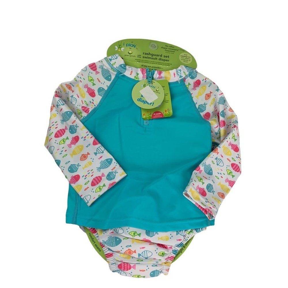 18 Months i play. Girls Two Piece Swimsuit Built-In Diaper Blue Fish Long Sleeve